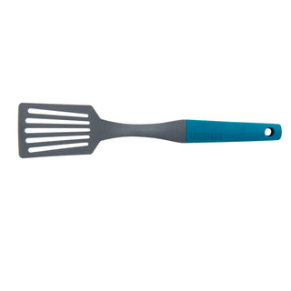 overhead view of taste of home charcoal gray spatula with sea green handle on white background