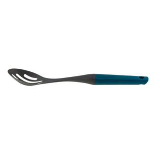 Side view of Taste of Home Slotted Nylon Spoon with Sea Green handle on white background