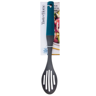 Taste of Home Slotted Nylon Spoon with Sea Green handle in packaging on white background