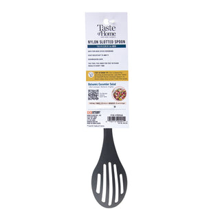 Taste of Home Slotted Nylon Spoon with Sea Green handle in packaging on white background 