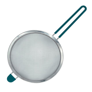 Stainless steel mesh strainer on white background.