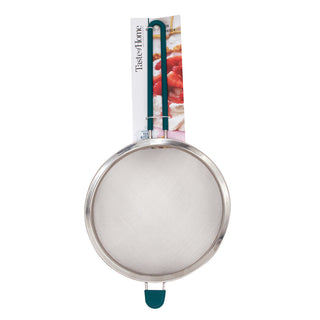 Stainless steel mesh strainer in packaging on white background.