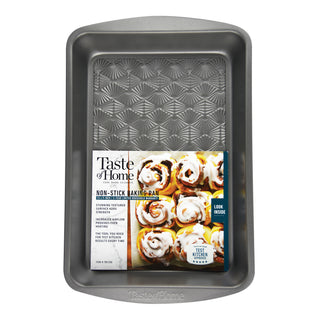 Taste of Home 13 by 9 inch nonstick metal baking pan on white background showing packaging