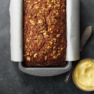 taste of home loaf pan overhead shot with bread baked in pan