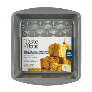 8-Inch Non-Stick Metal Square Baking Pan with 'Taste of Home' packaging featuring a cake image on a white background.