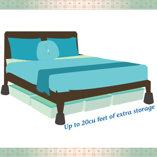 Illustration of bed with storage containers underneath demonstrating the use of the bed risers